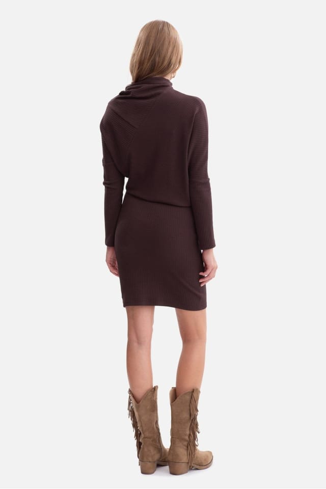 Love Lace Love Lace Women's Ribbed Turtleneck Batwing Pencil Mini Dress in Brown - 3