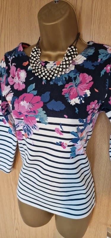 Joules Joules white navy blue striped fuchsia pink floral 100% cotton top