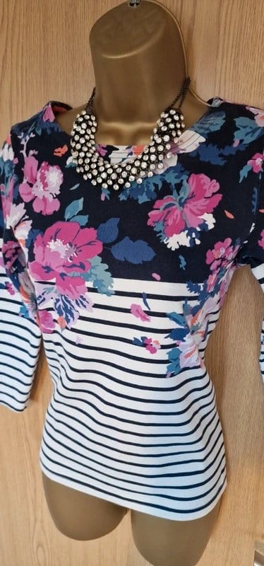 Joules Joules white navy blue striped fuchsia pink floral 100% cotton top - 1