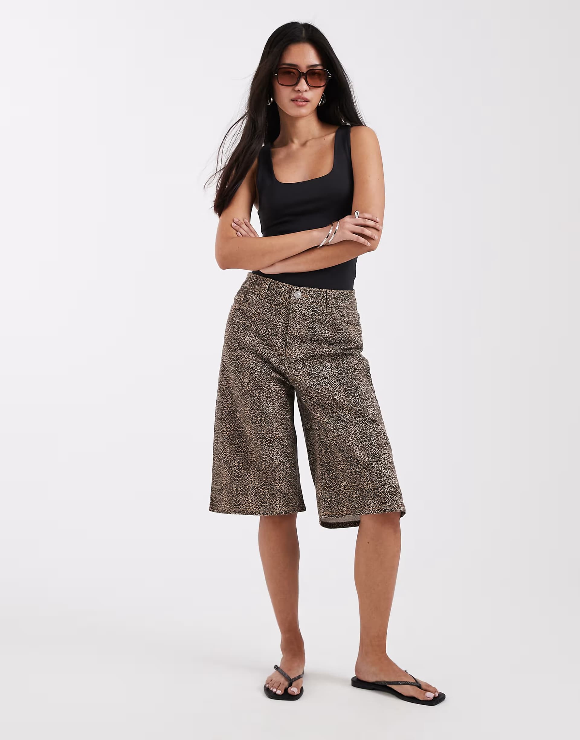 ASOS Pieces longline denim shorts in brown leopard print