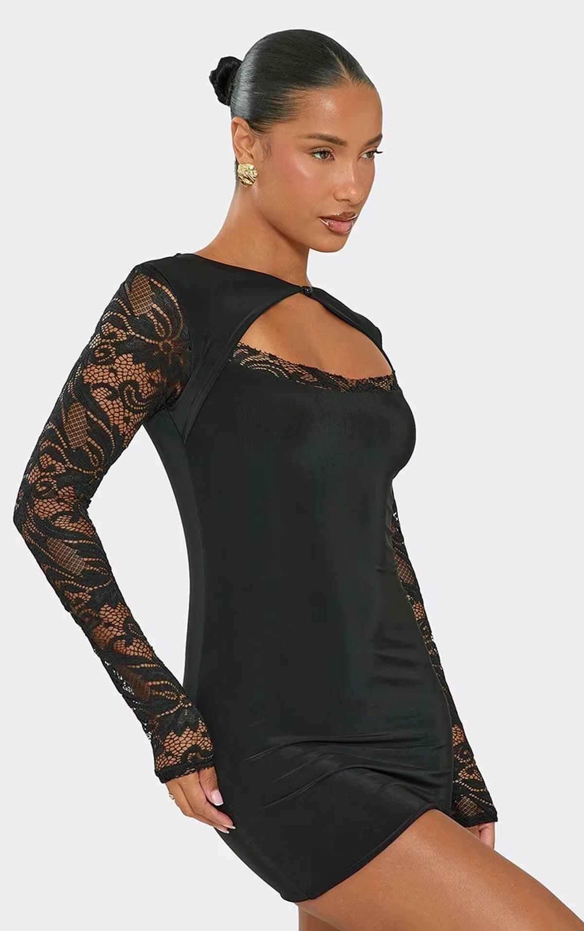 EGO Long Contrast Lace Sleeve Cut Out Mini Dress In Black Slinky, Women's Size UK 6
