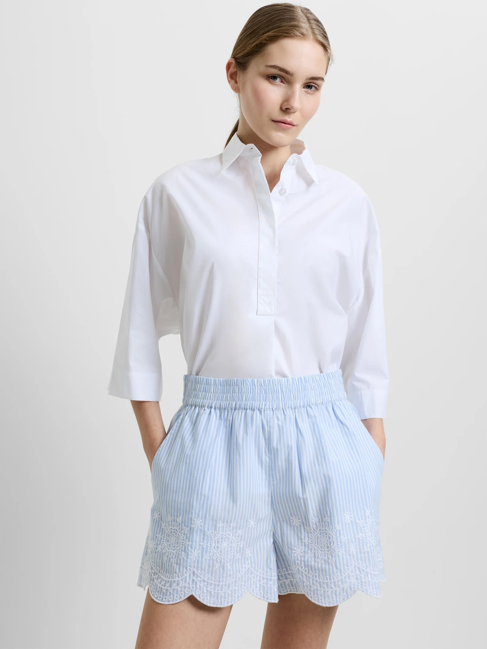 French Connection Striped Embroidered Hem Shorts Sky Blue/linen White