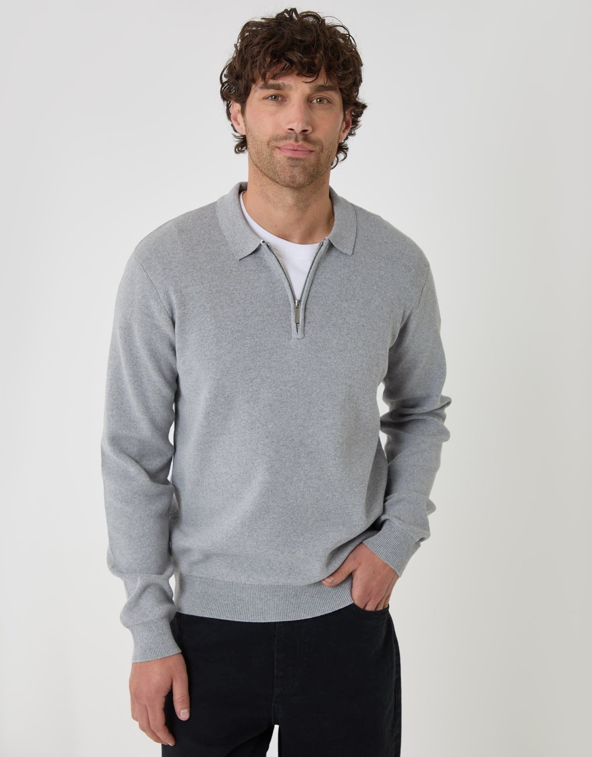 Threadbare threadbare Men's Cotton Rich Quarter Zip Long Sleeve Polo in Grey