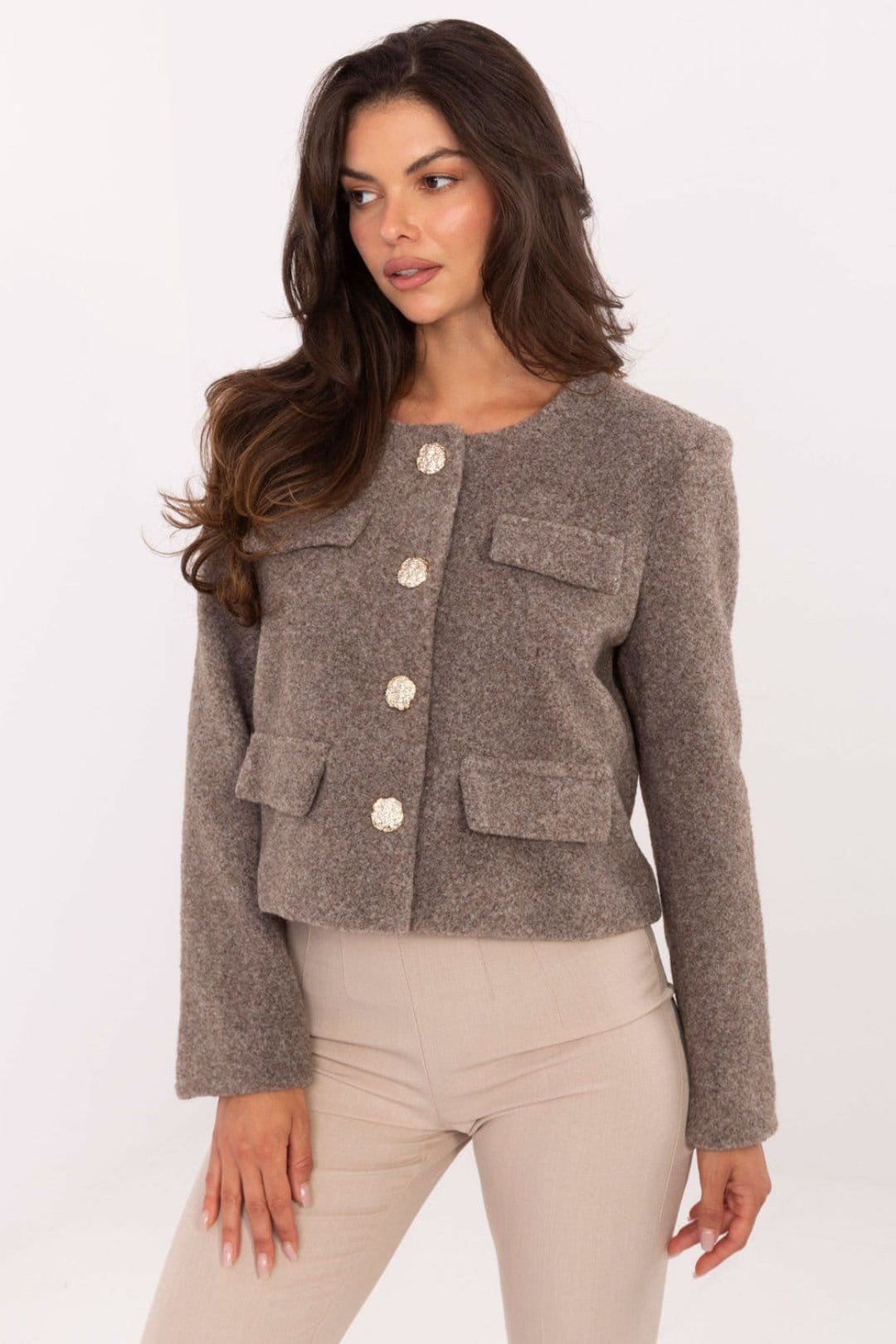 Love Lace Women's Elegant Short Cut Polyester Button Jacket in Taupe