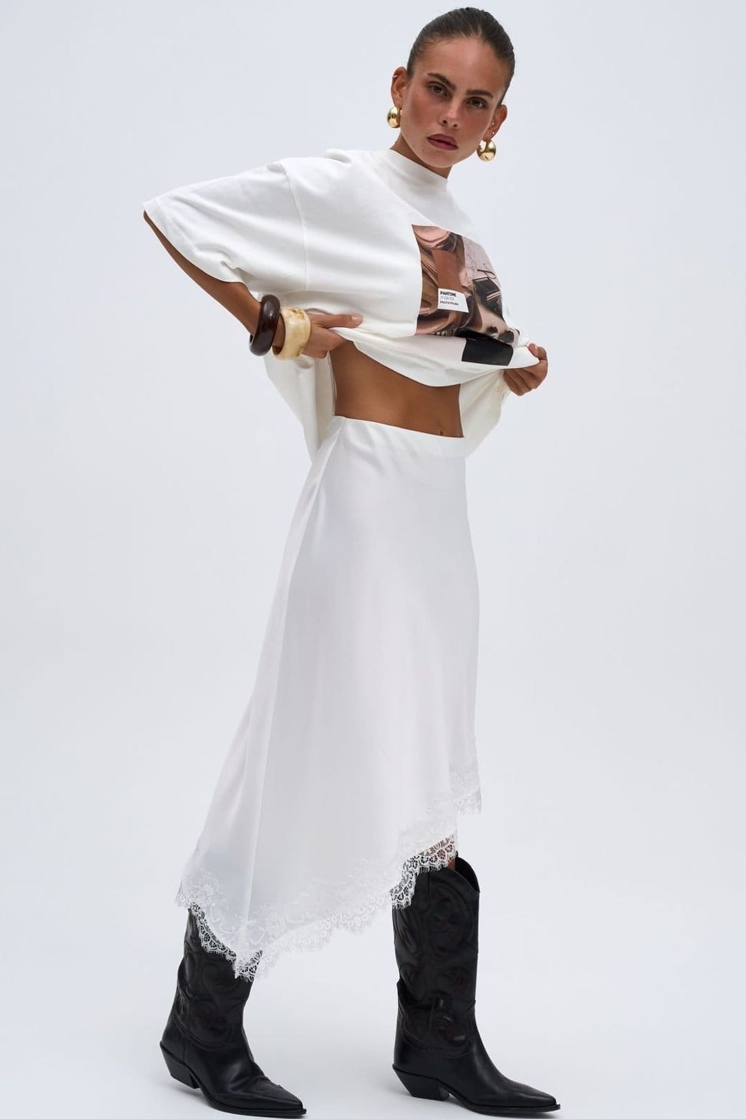 MAI STUDIOS CO. MAI STUDIOS CO. Women's Lina Lace Detailed Satin Skirt in White - 4