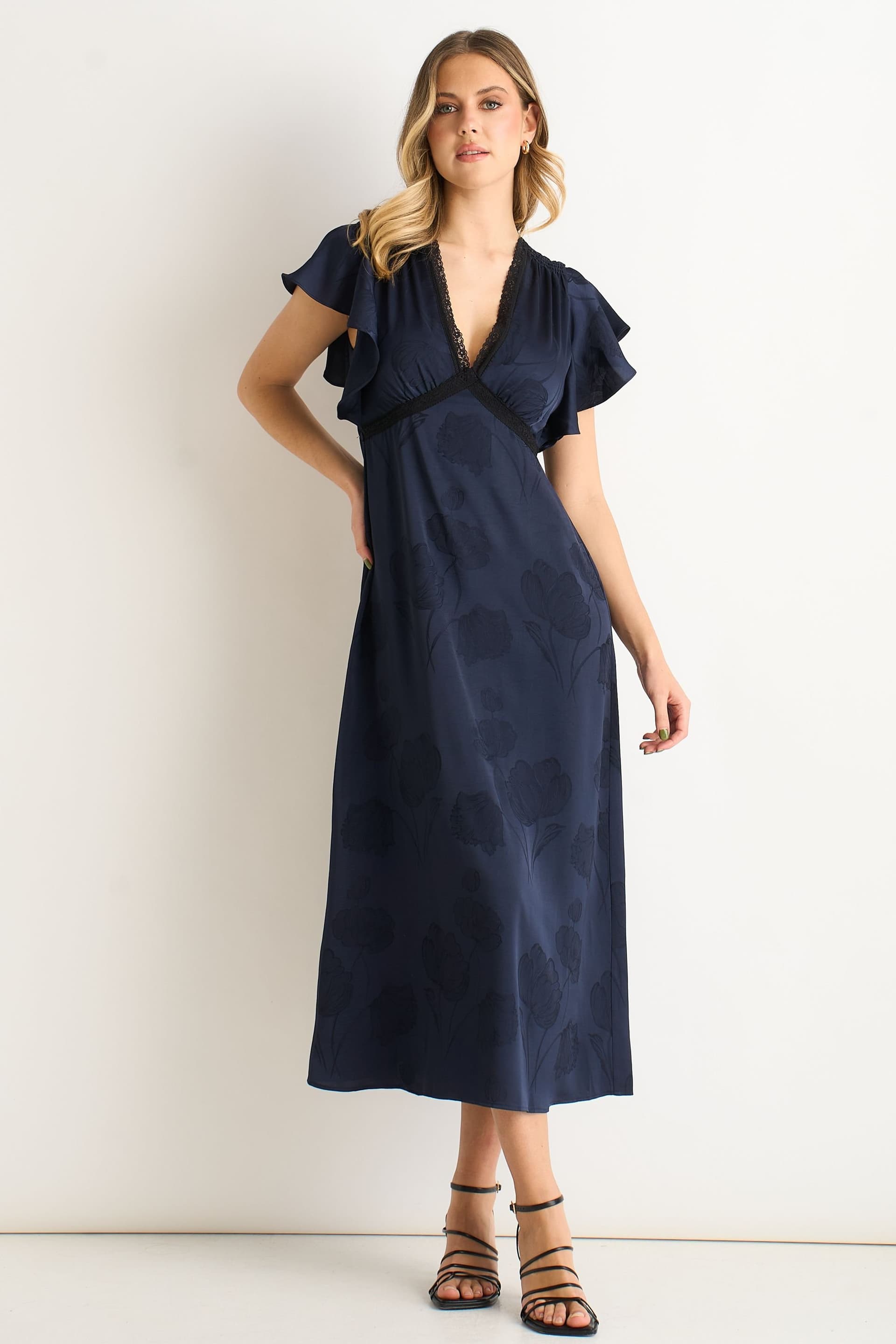 Gini London Gini London Women's Navy Floral Satin Jacquard Lace Trim Midi Dress