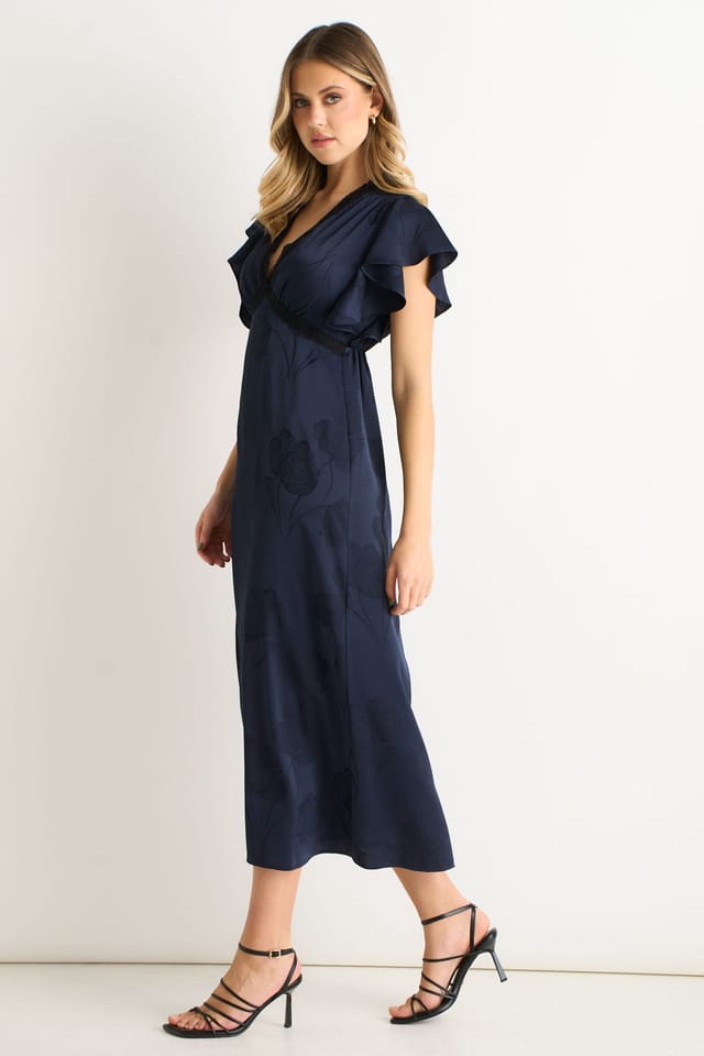 Gini London Gini London Women's Navy Floral Satin Jacquard Lace Trim Midi Dress - 3