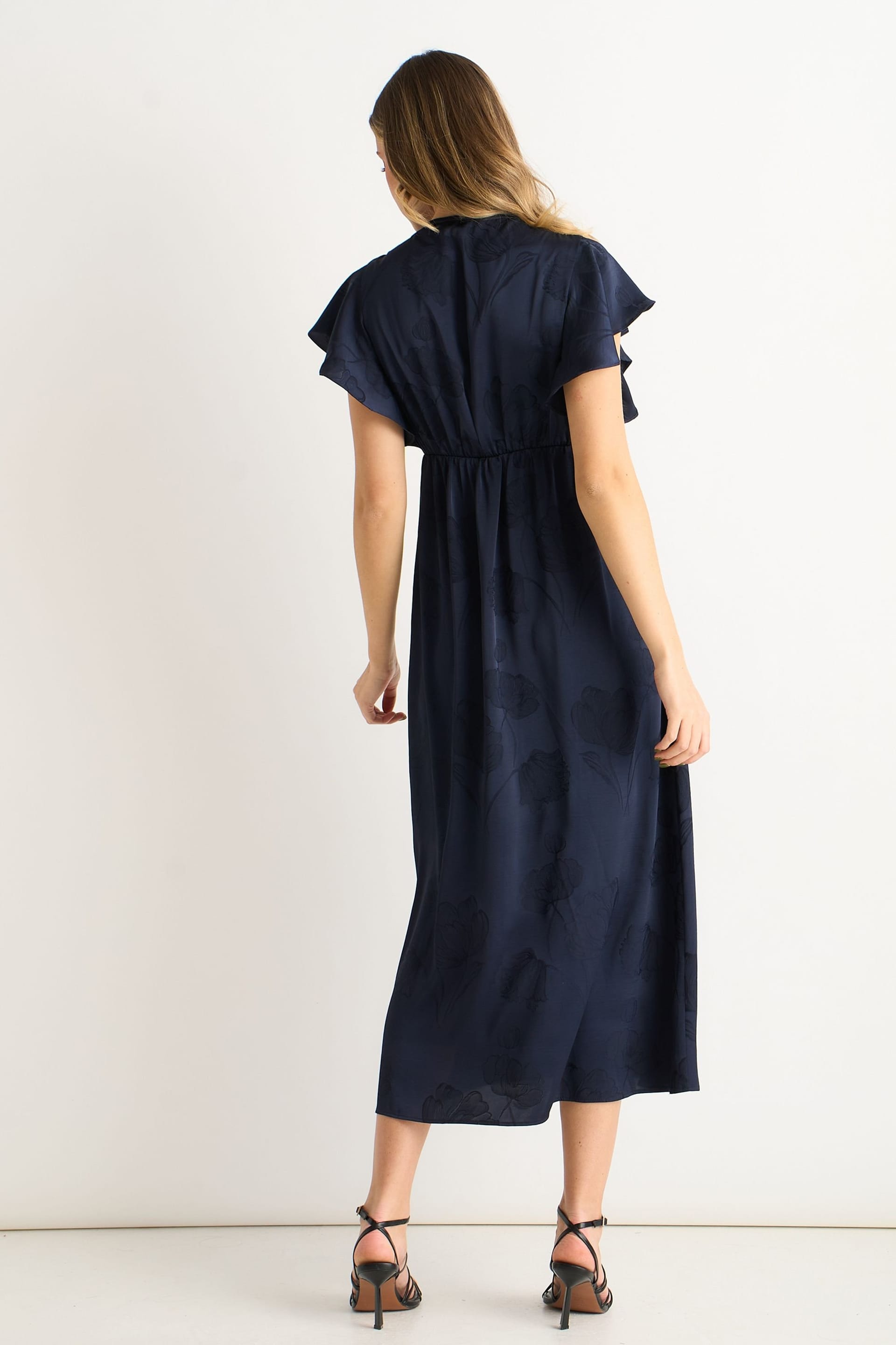 Gini London Gini London Women's Navy Floral Satin Jacquard Lace Trim Midi Dress - 4
