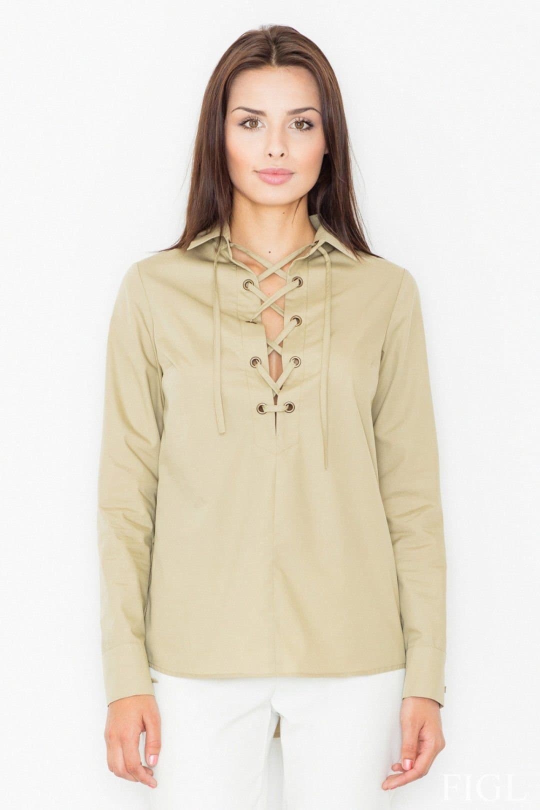 Love Lace Love Lace Women's Cotton Blend Long Sleeve Deep Neck Twisted Blouse in Khaki