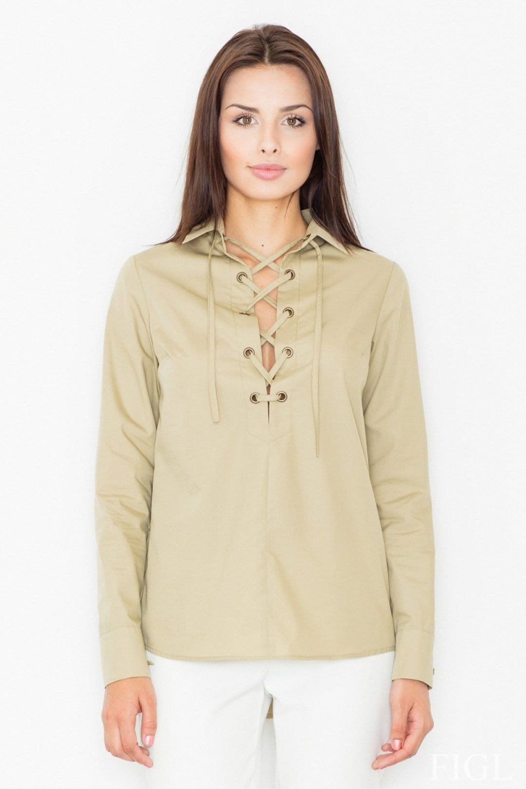 Love Lace Love Lace Women's Cotton Blend Long Sleeve Deep Neck Twisted Blouse in Khaki - 1