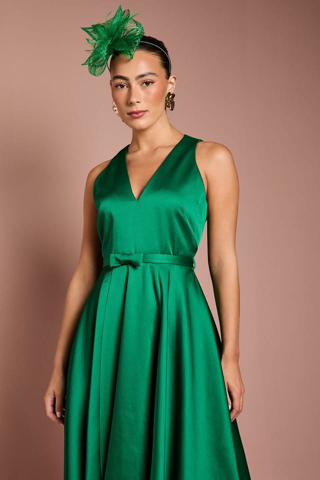 Coast Coast Women's Bow Trim V Neck Volume Skirt Midi Dress in Emerald - 2