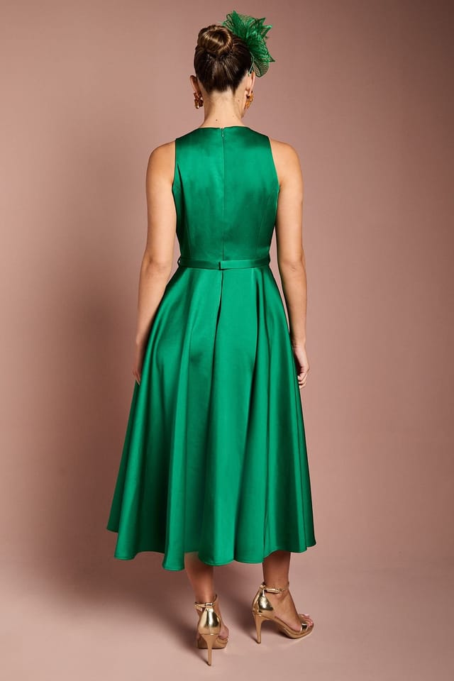 Coast Coast Women's Bow Trim V Neck Volume Skirt Midi Dress in Emerald - 3