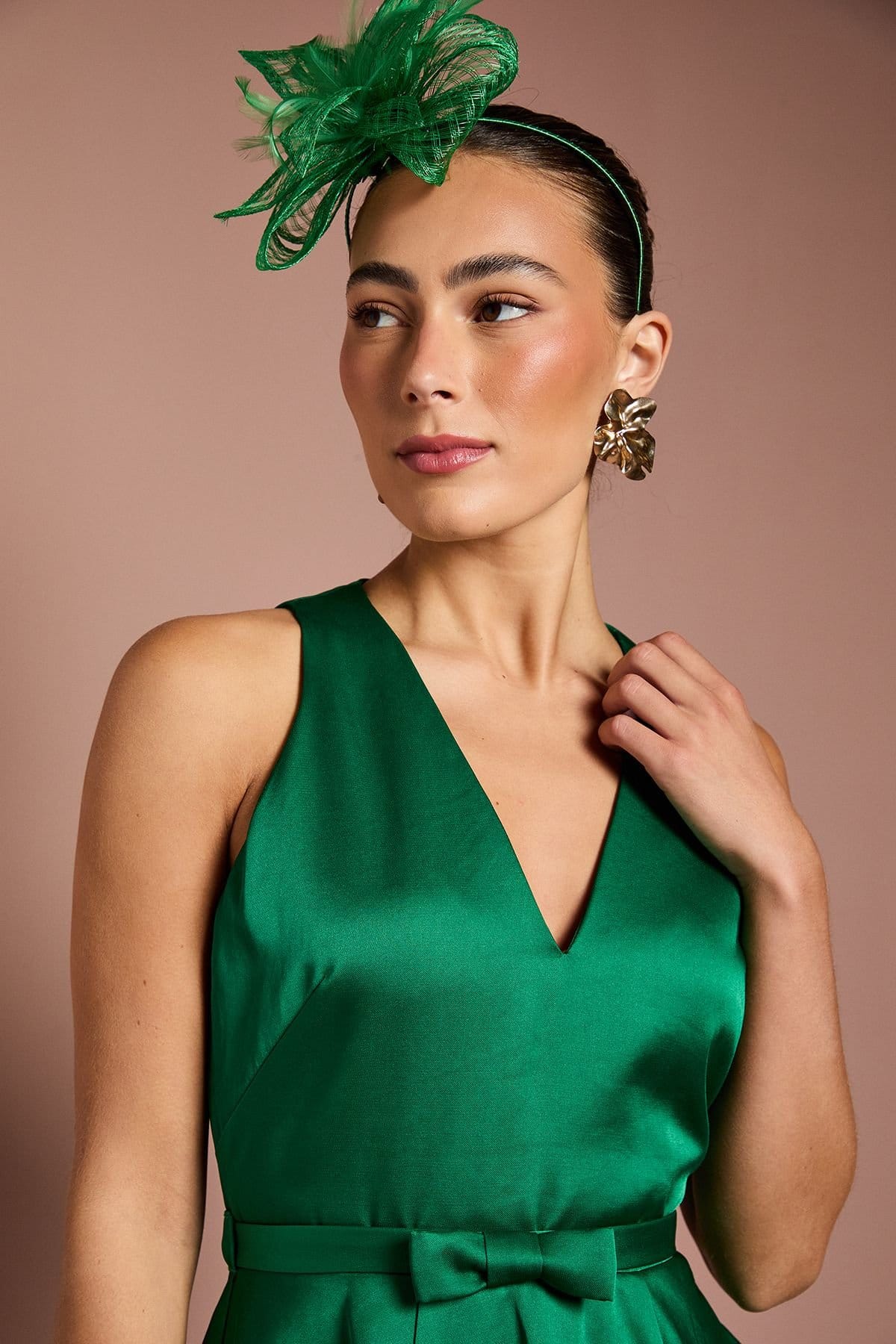 Coast Coast Women's Bow Trim V Neck Volume Skirt Midi Dress in Emerald - 4