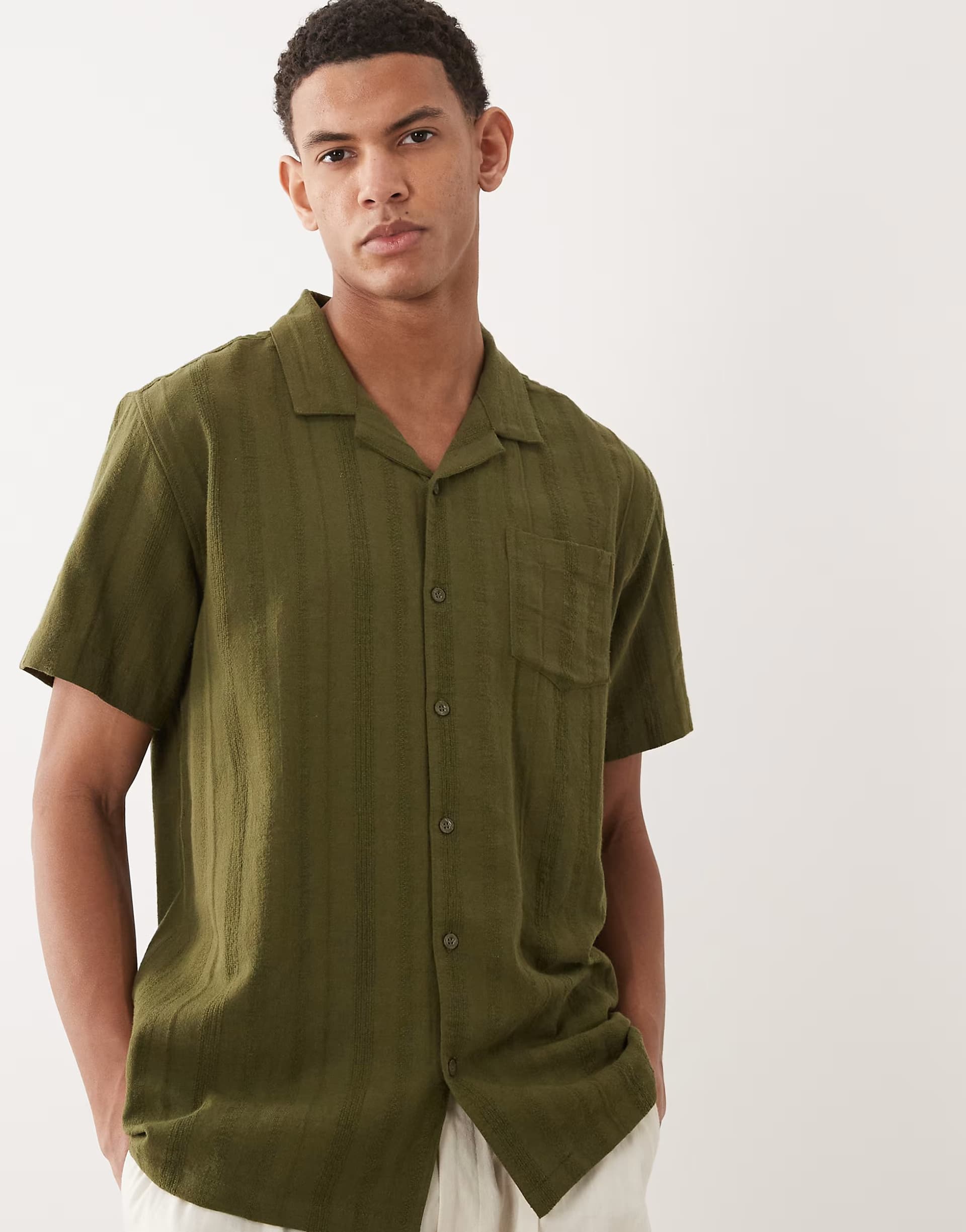 ASOS Brave Soul co-ord short sleeve shirt with revere collar in khaki