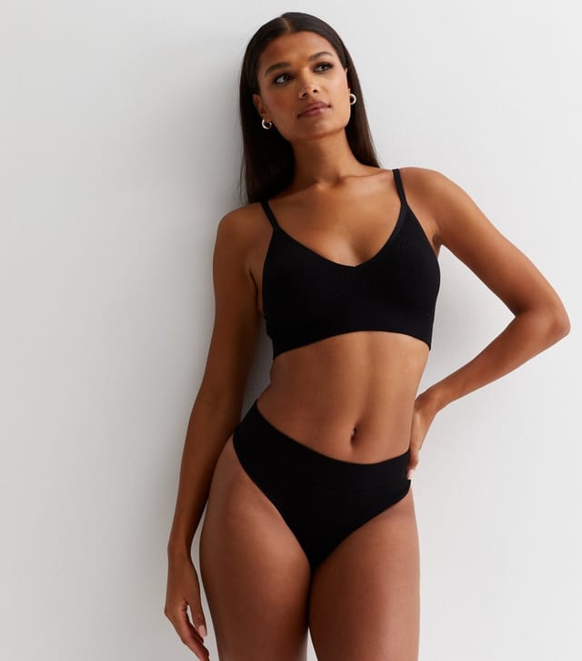 New Look Women's Black Ribbed Seamless High Leg Thong New Look - 2