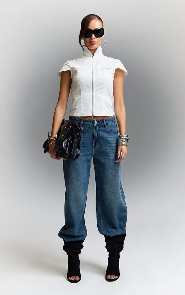 EGO Cap Sleeve High Neck Zip Up Top In White, Women's Size UK 6 - 2