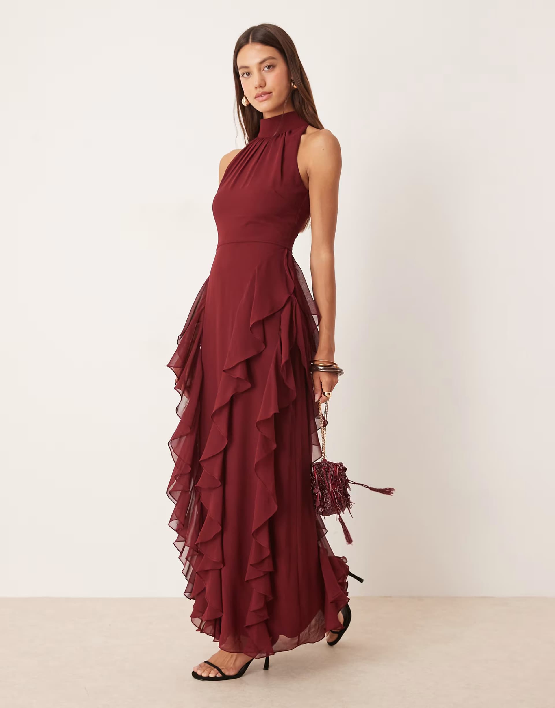 ASOS Lace & Beads backless ruffle maxi dress in burgundy