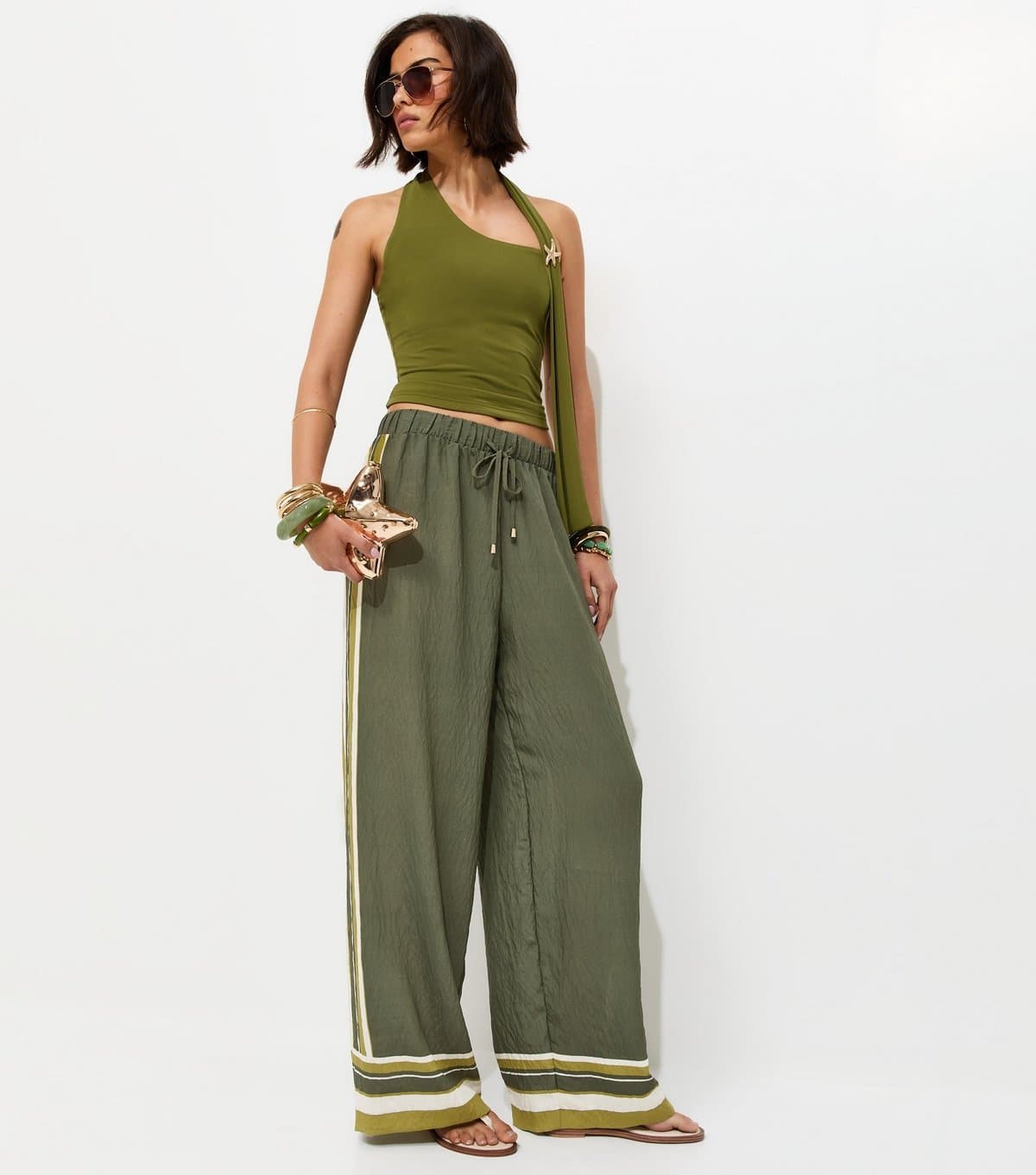 New Look Women's Green Striped Trim Wide Leg Trousers New Look