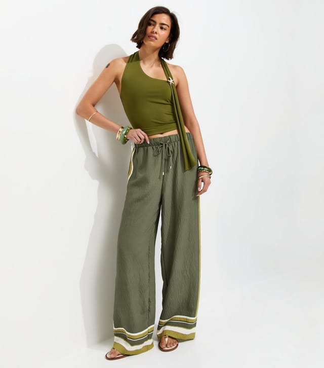 New Look Women's Green Striped Trim Wide Leg Trousers New Look - 3