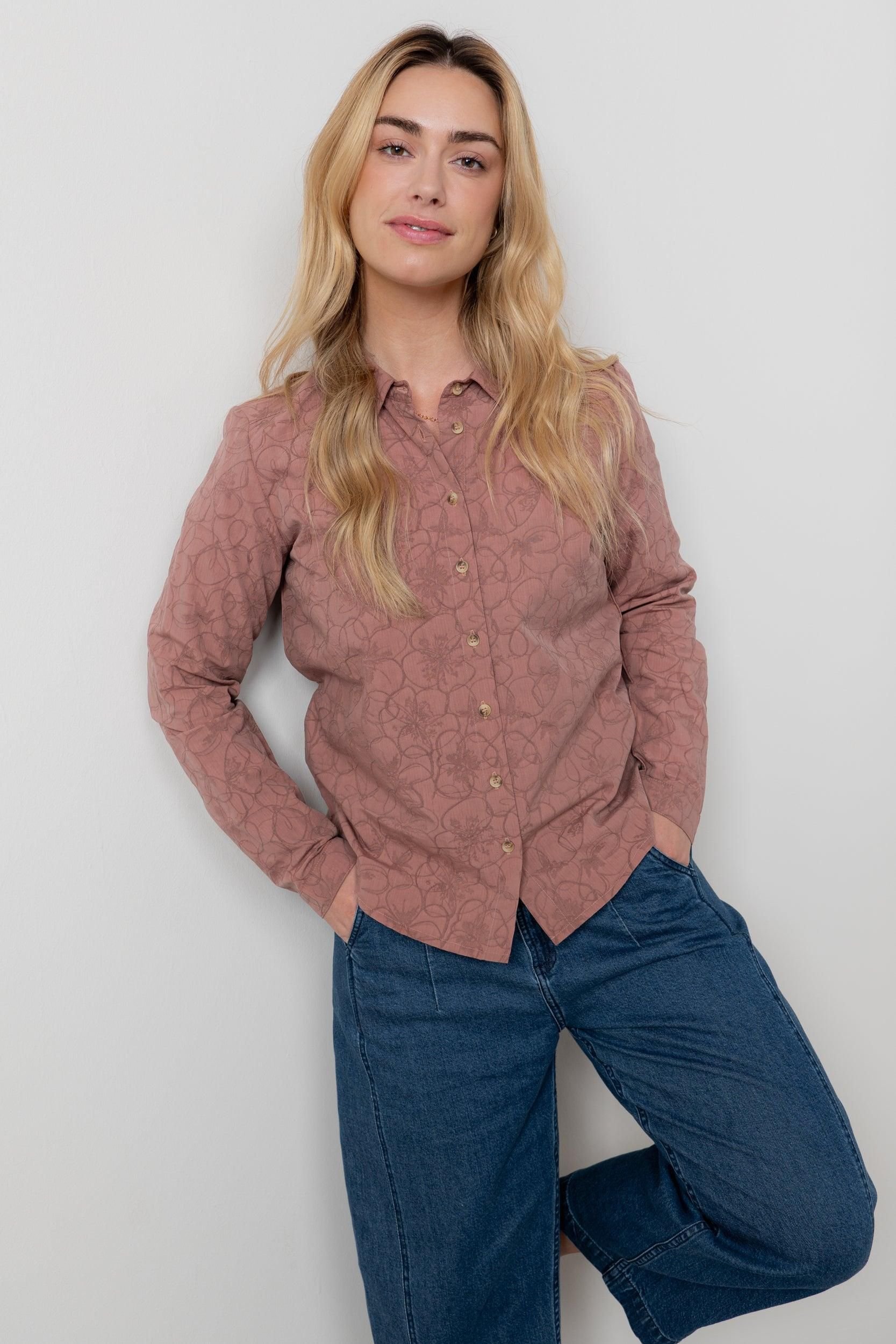 Lily & Me Lily & Me Women's Patsy Textured Jacquard Cotton Blend Long Sleeved Shirt in Dusty Pink - 2