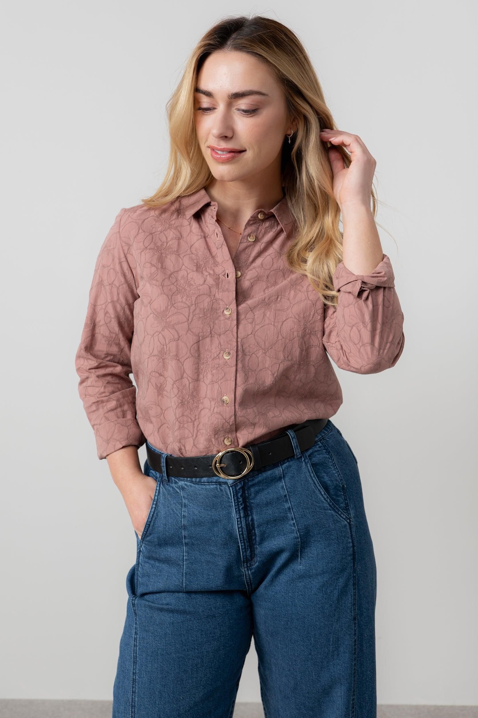 Lily & Me Lily & Me Women's Patsy Textured Jacquard Cotton Blend Long Sleeved Shirt in Dusty Pink - 3