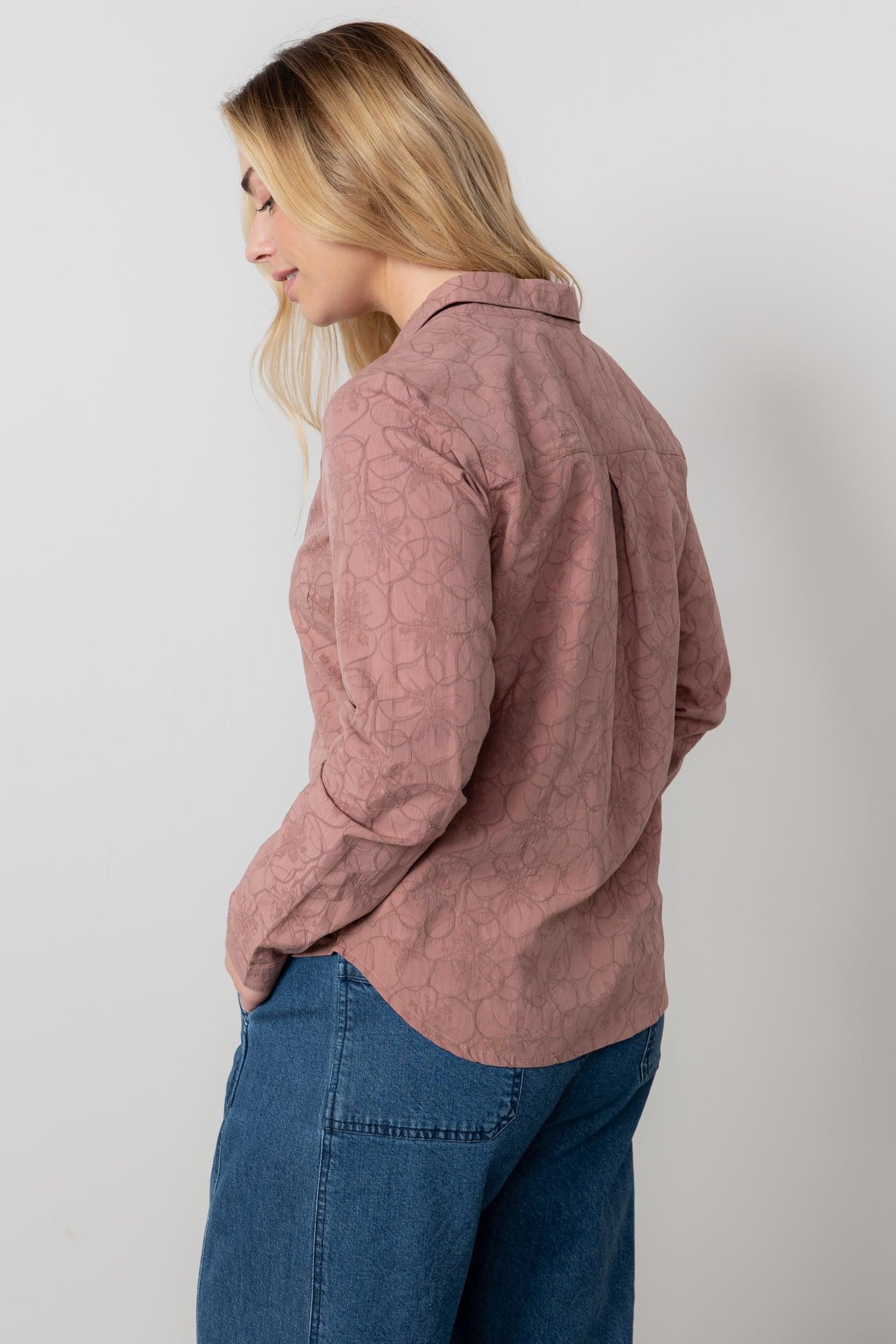 Lily & Me Lily & Me Women's Patsy Textured Jacquard Cotton Blend Long Sleeved Shirt in Dusty Pink - 4