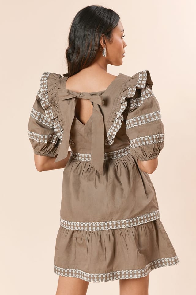 Dorothy Perkins Dorothy Perkins Women's Embroidered Trim Ruffle Shoulder Mini Dress in Khaki - 3