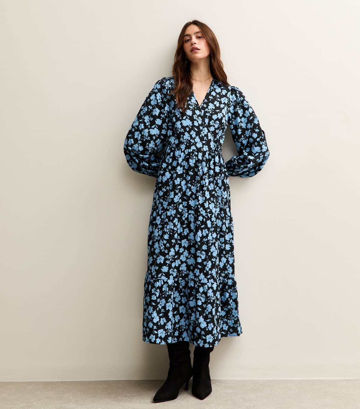 New Look Women's Black Floral Print Long Sleeve Wrap Midi Dress New Look