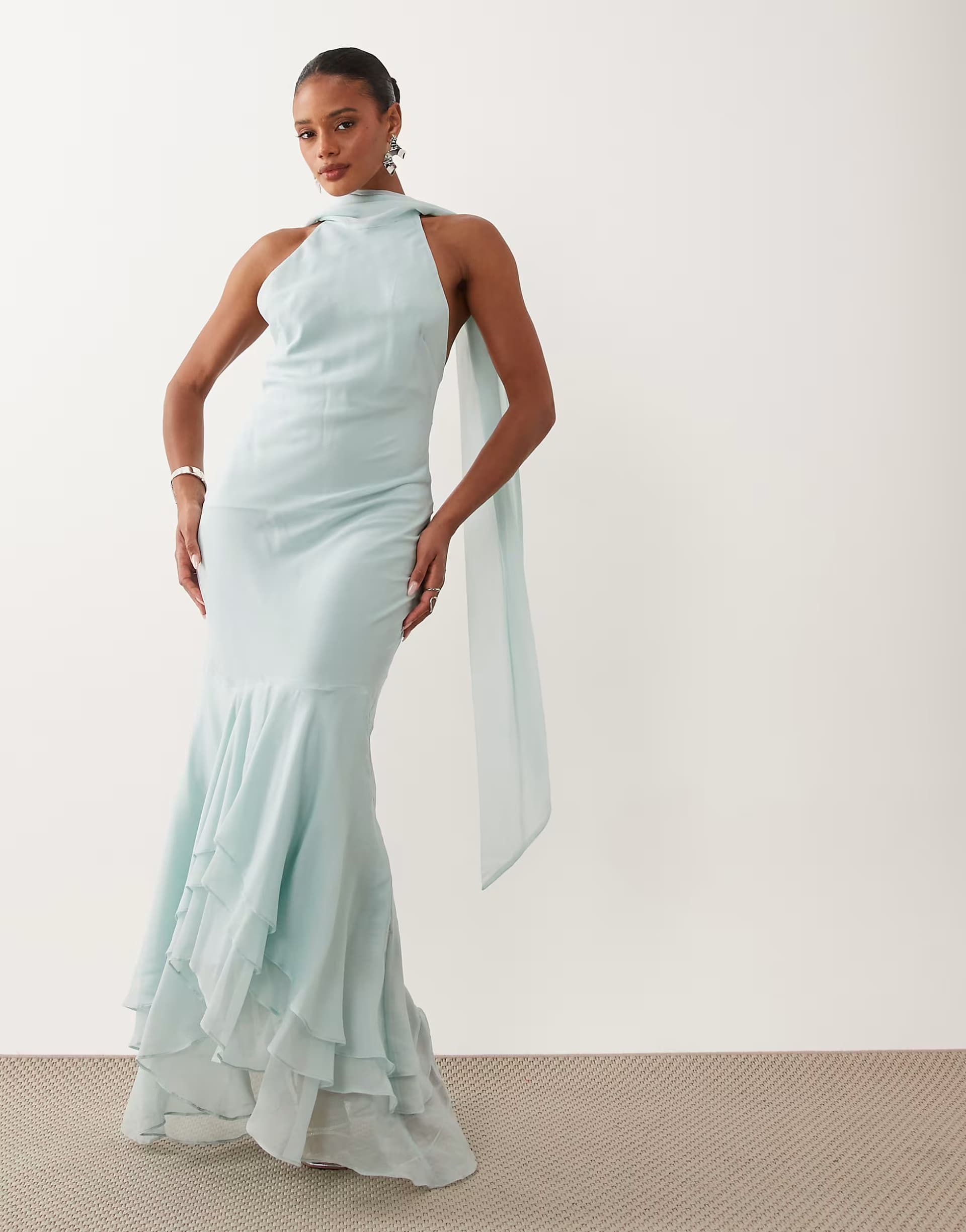ASOS ASOS DESIGN halter maxi dress with scarf detail and ruffle hem in blue