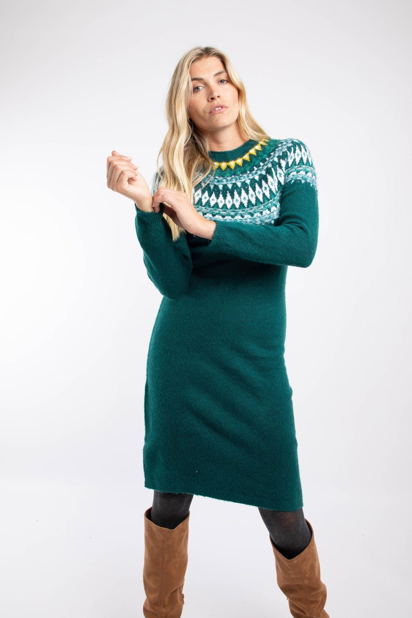 Weird Fish Weird Fish Women's Dutton Fair Isle Knitted Jumper Dress in Teal