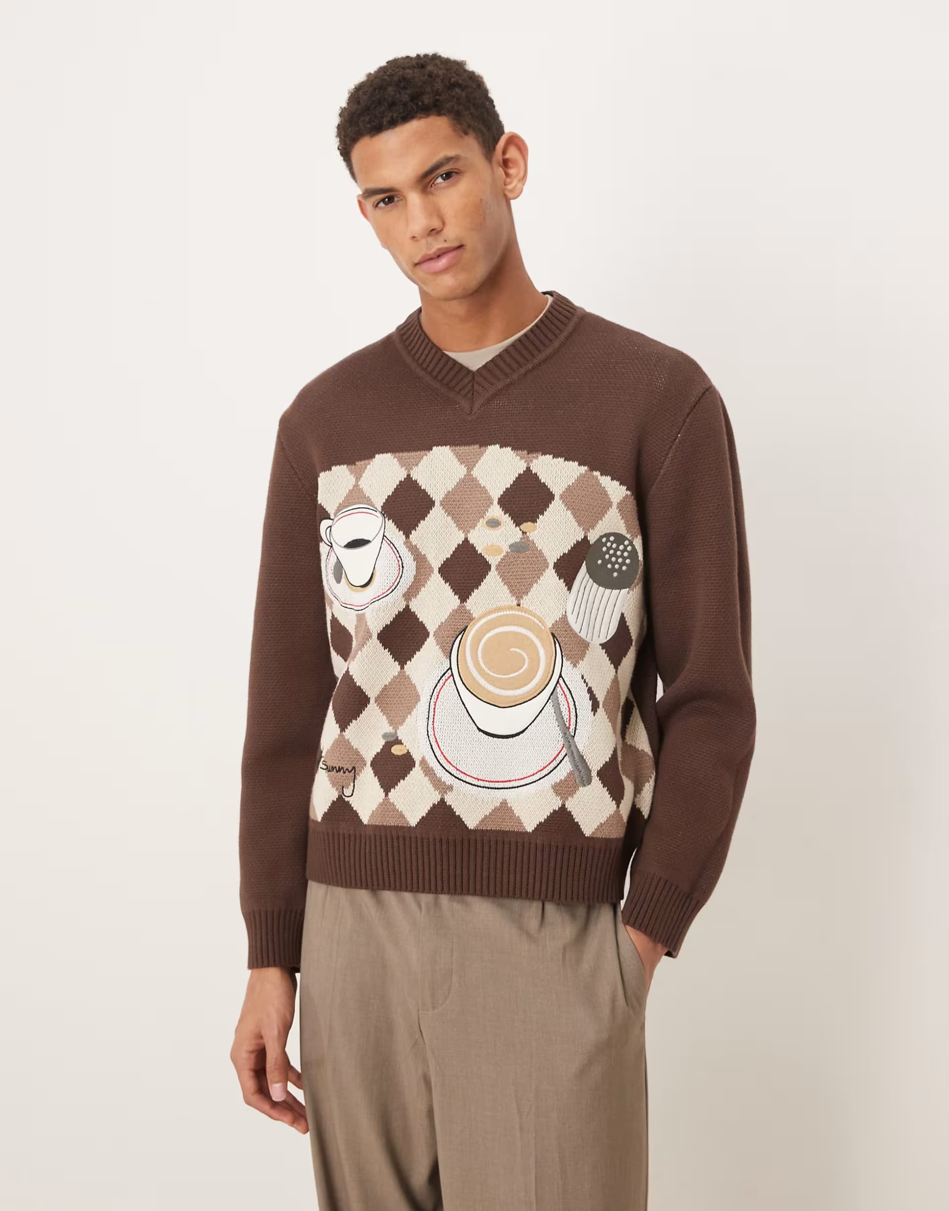 ASOS House of Sunny daily grind jacquard knit v neck jumper in brown