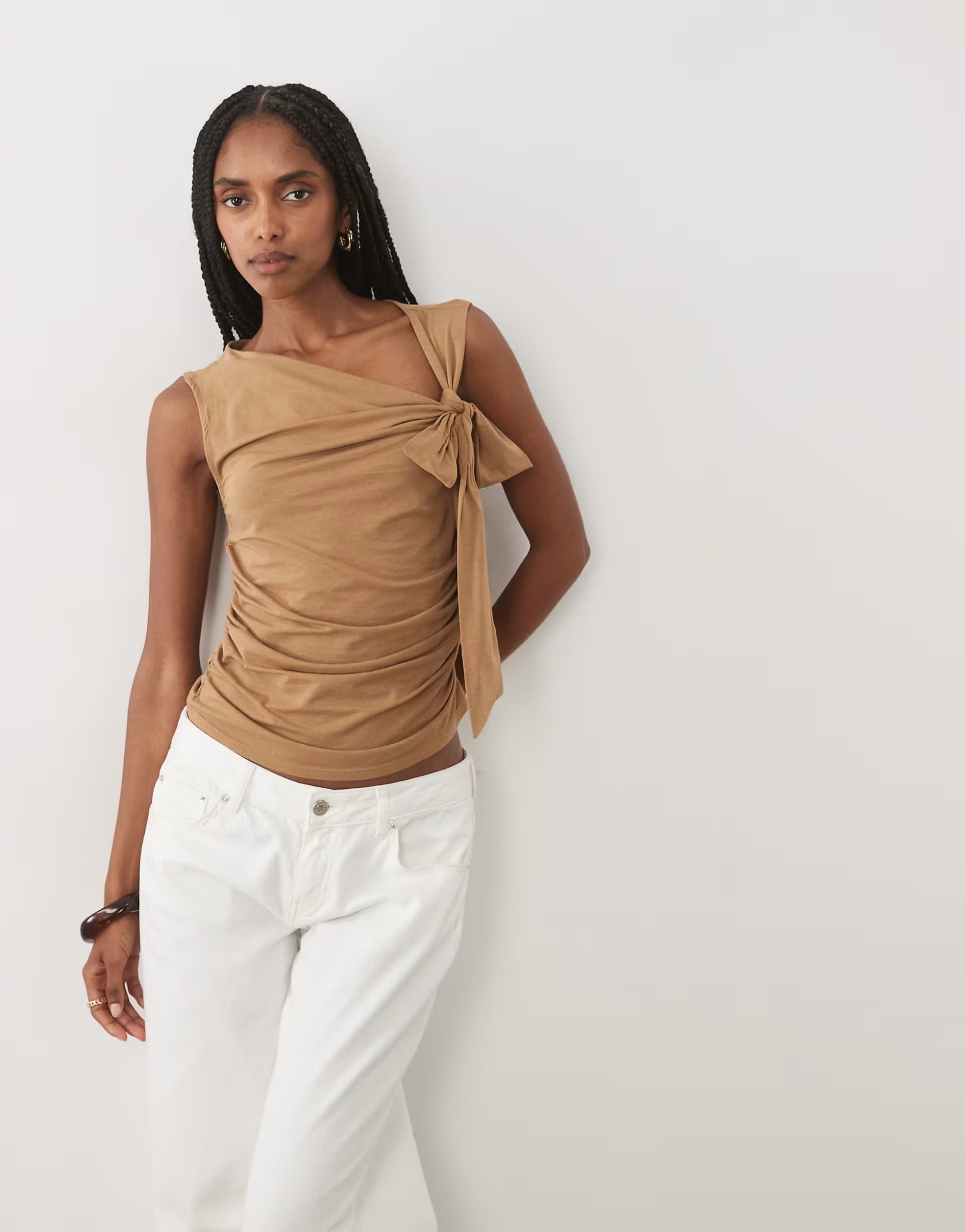ASOS Miss Selfridge multiway tie shoulder top in tan