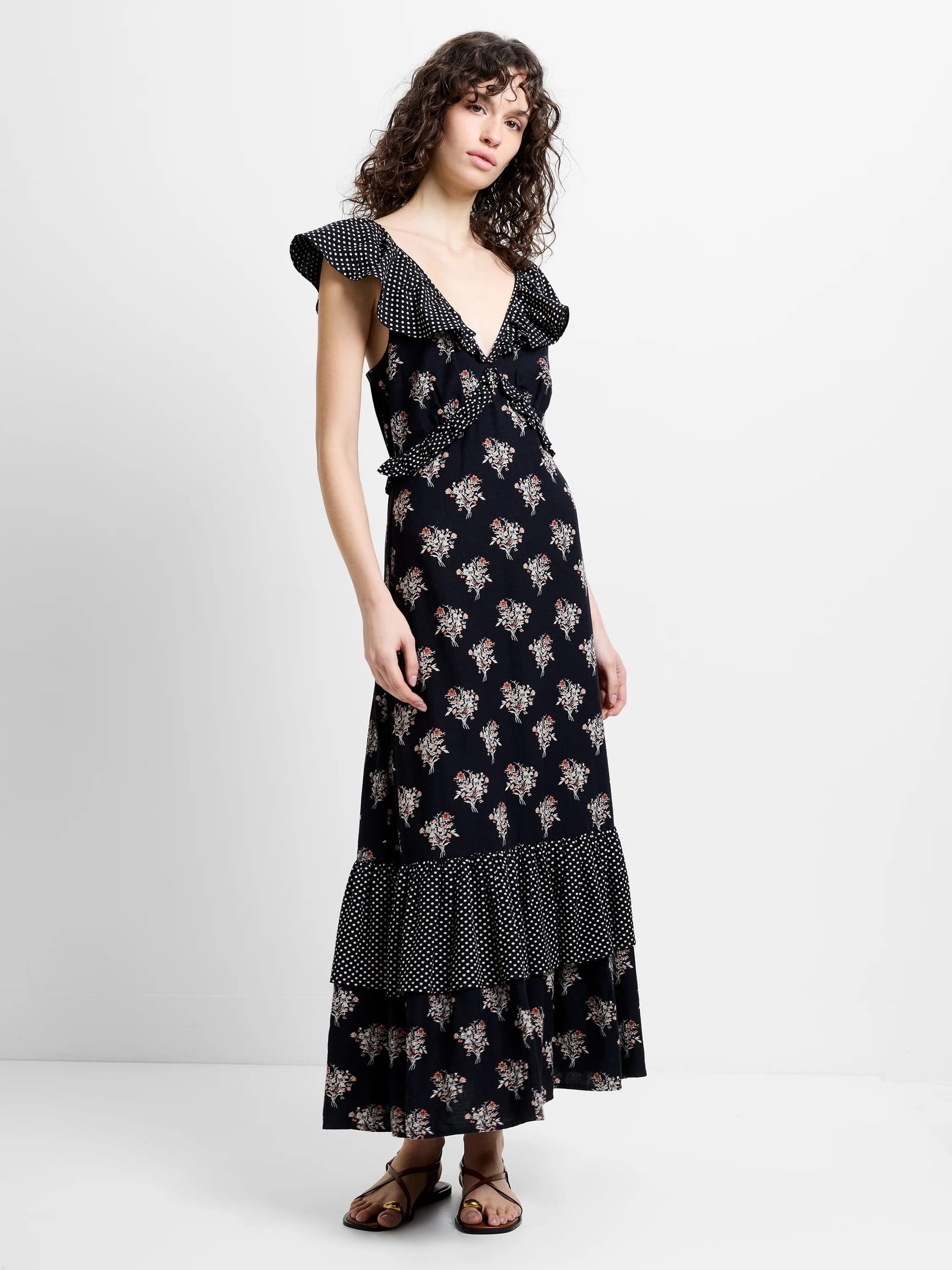 French Connection Black Multi Cotton Ruffle Dress