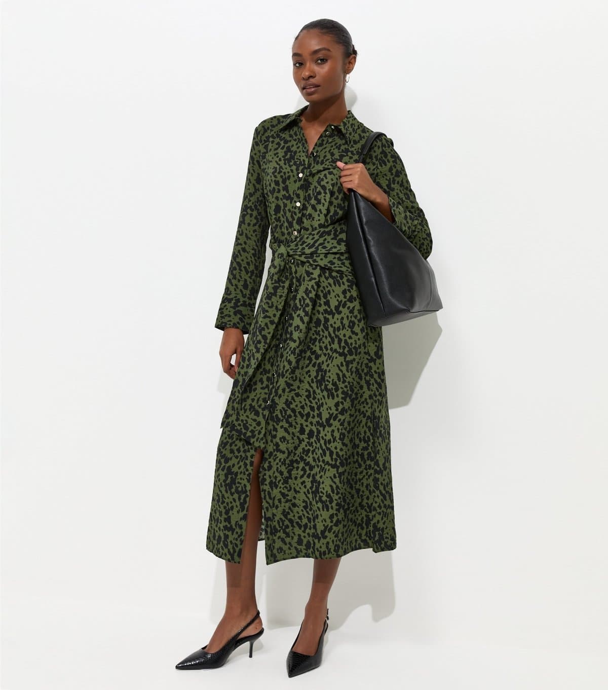 New Look Women's Green Abstract Print Long Sleeve Shirt Dress New Look