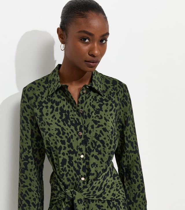 New Look Women's Green Abstract Print Long Sleeve Shirt Dress New Look - 2