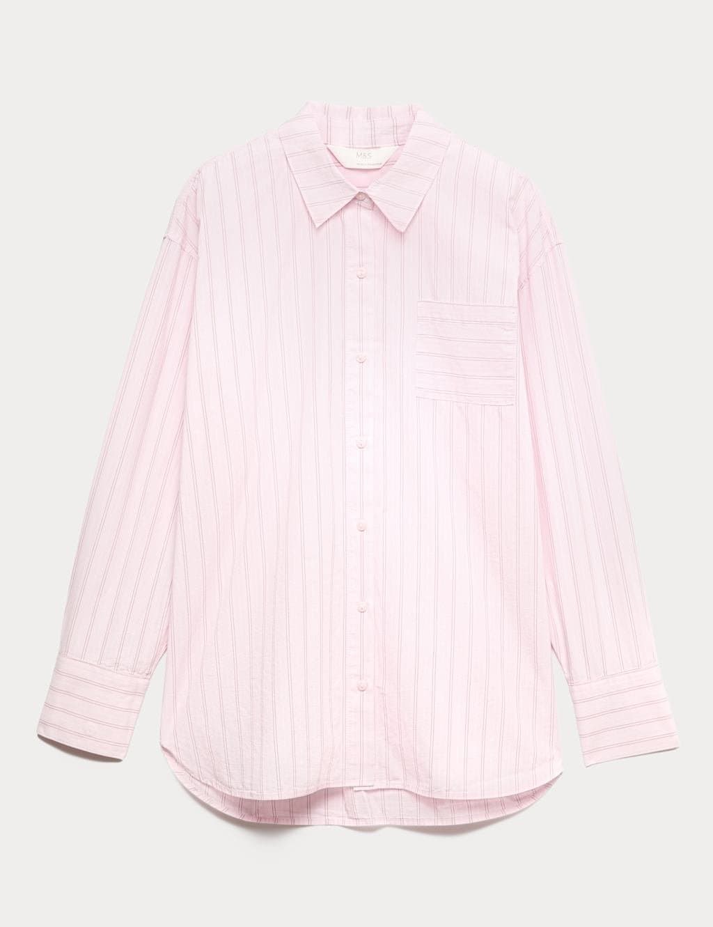 Marks & Spencer M&S Pure Cotton Poplin Striped Pyjama Shirt Light Pink Mix