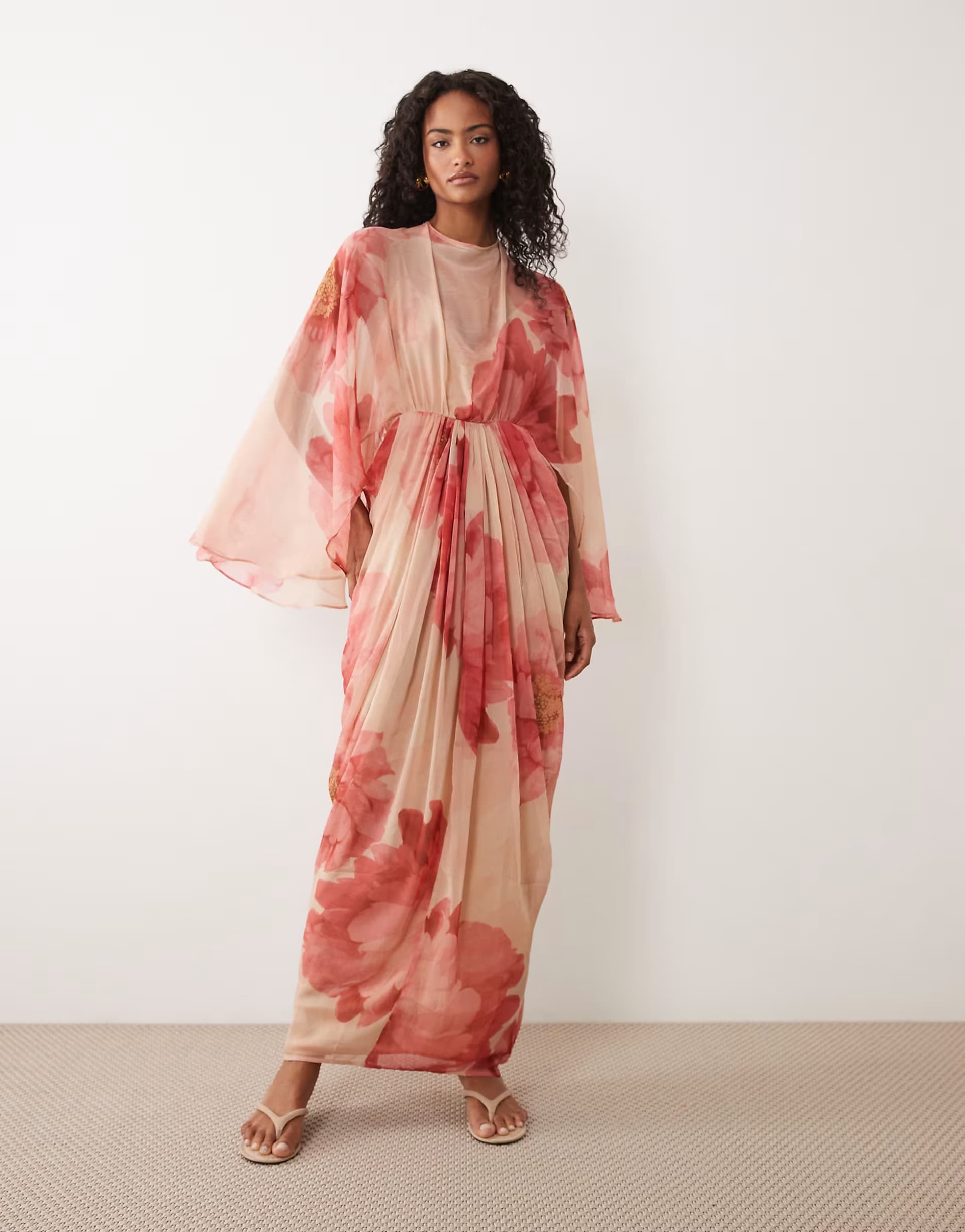 ASOS ASOS DESIGN draped cape bodice with skirt and open back with tassel detail maxi dress in pink floral