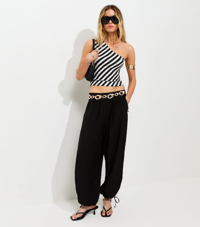 New Look Women's Black Slinky Jersey Diagonal Stripe One Shoulder Top New Look - 2
