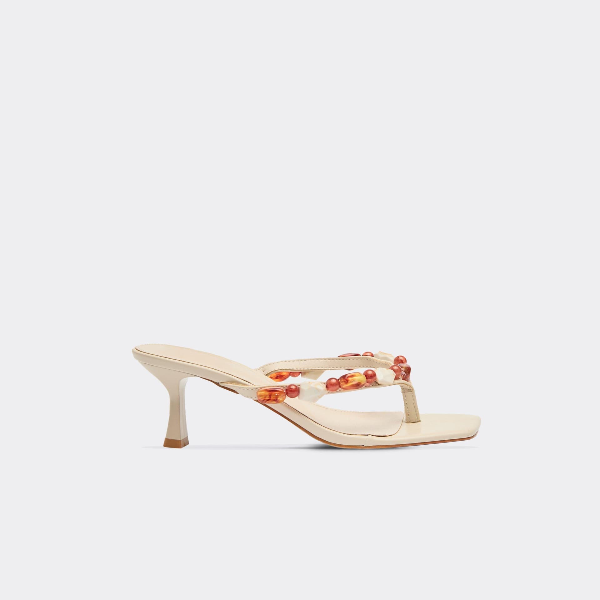 EGO Springer Stone Beaded Detail Thong Strap Low Heeled Mule In Cream Faux Leather, Women's Size UK 3