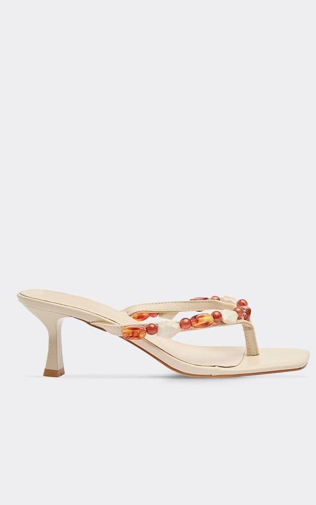 EGO Springer Stone Beaded Detail Thong Strap Low Heeled Mule In Cream Faux Leather, Women's Size UK 3 - 2