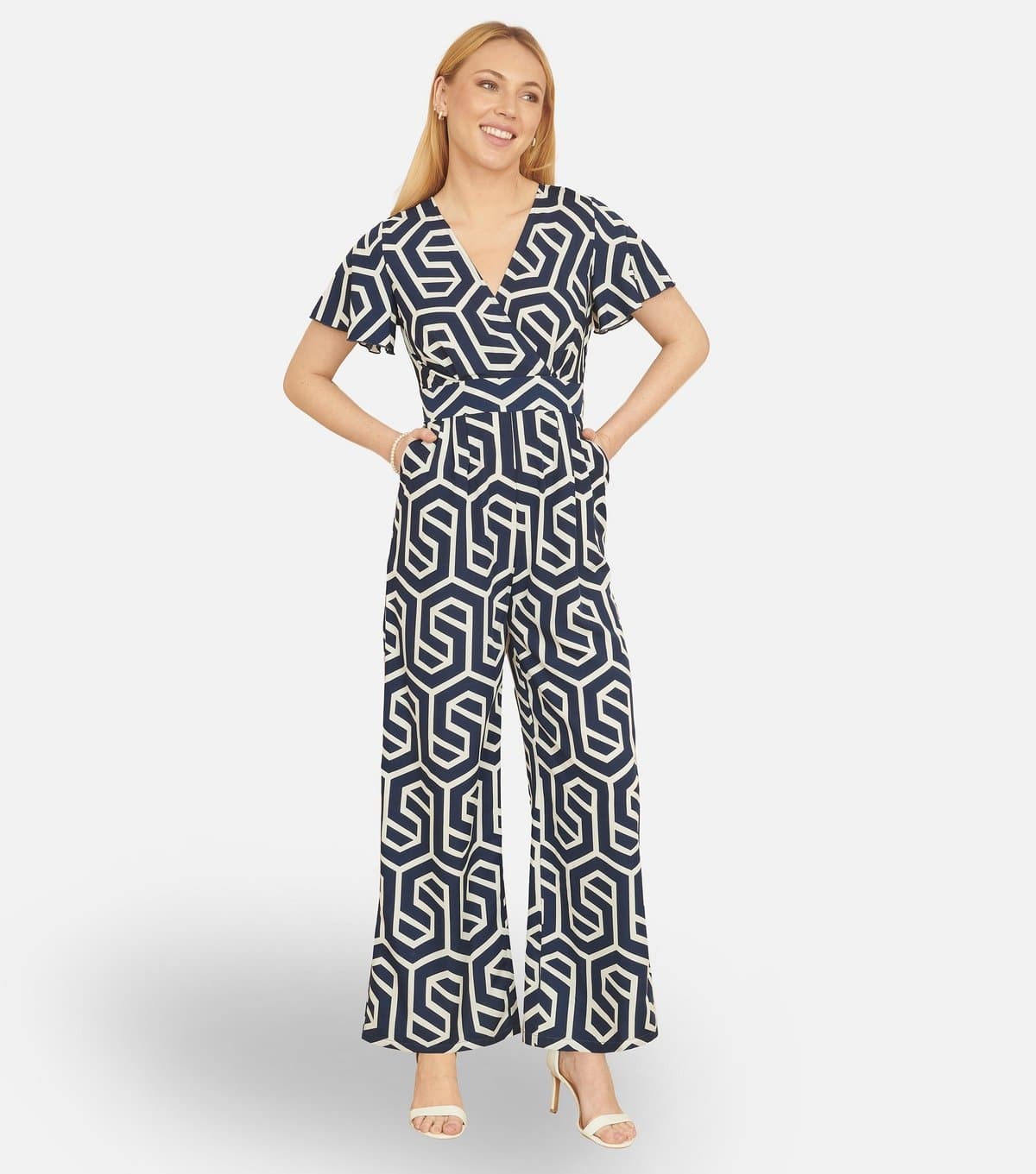 Yumi Women's Navy Geometric Print Wrap Jumpsuit Yumi New Look
