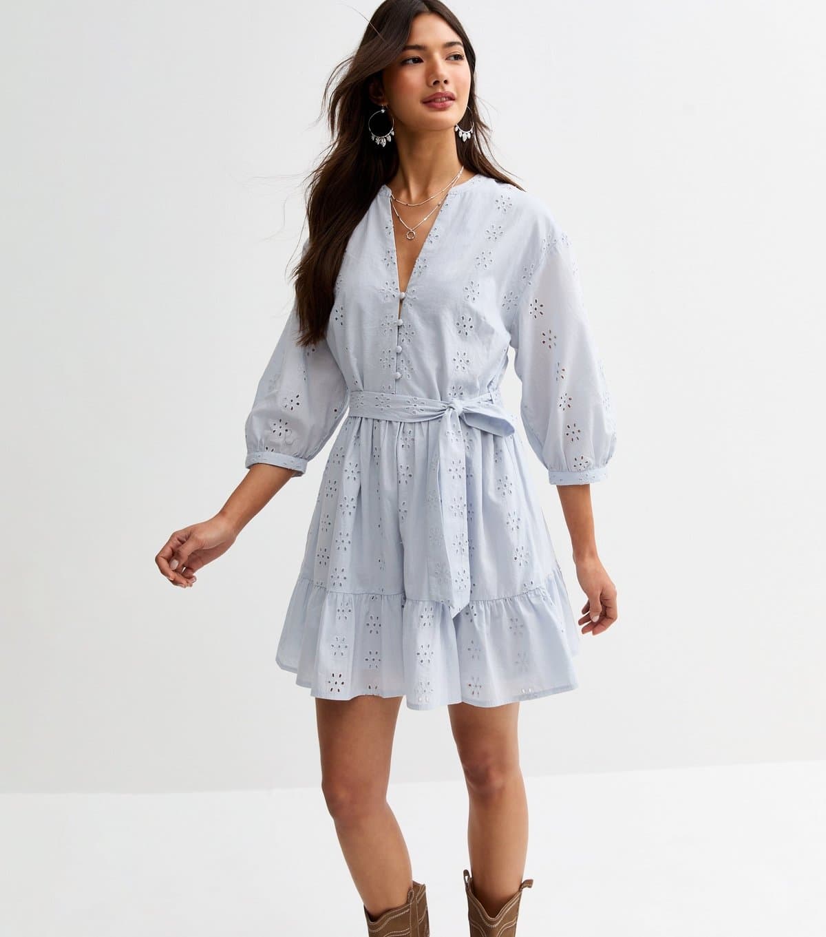 New Look Women's Light Blue Broderie Anglaise Mini Dress New Look