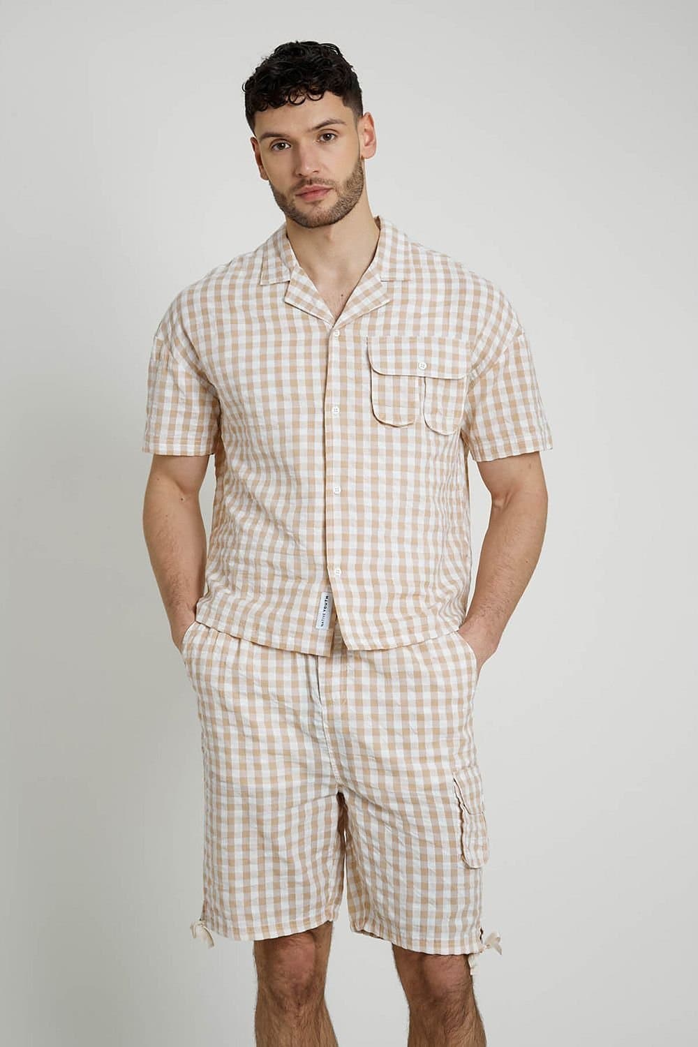 Native Youth Native Youth Men's Cotton Short Sleeve Lightweight Checked Relaxed Shirt in Cream