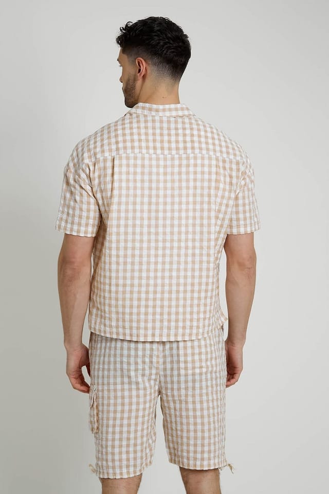 Native Youth Native Youth Men's Cotton Short Sleeve Lightweight Checked Relaxed Shirt in Cream - 2