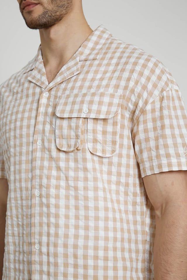 Native Youth Native Youth Men's Cotton Short Sleeve Lightweight Checked Relaxed Shirt in Cream - 3