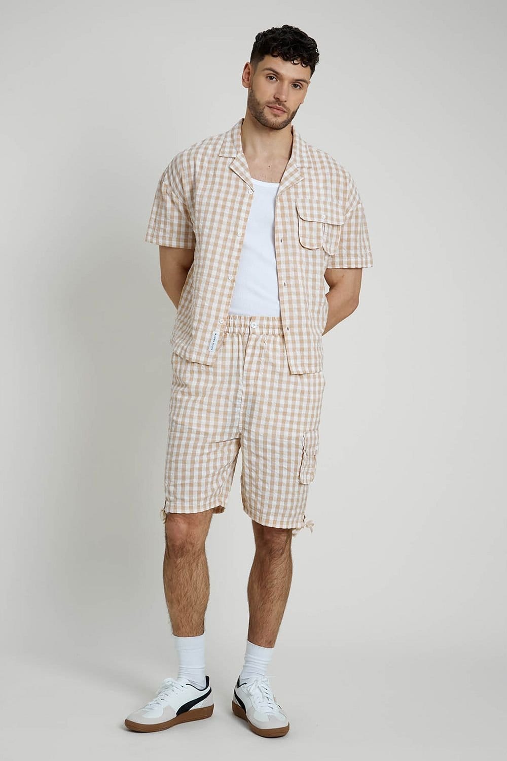 Native Youth Native Youth Men's Cotton Short Sleeve Lightweight Checked Relaxed Shirt in Cream - 4