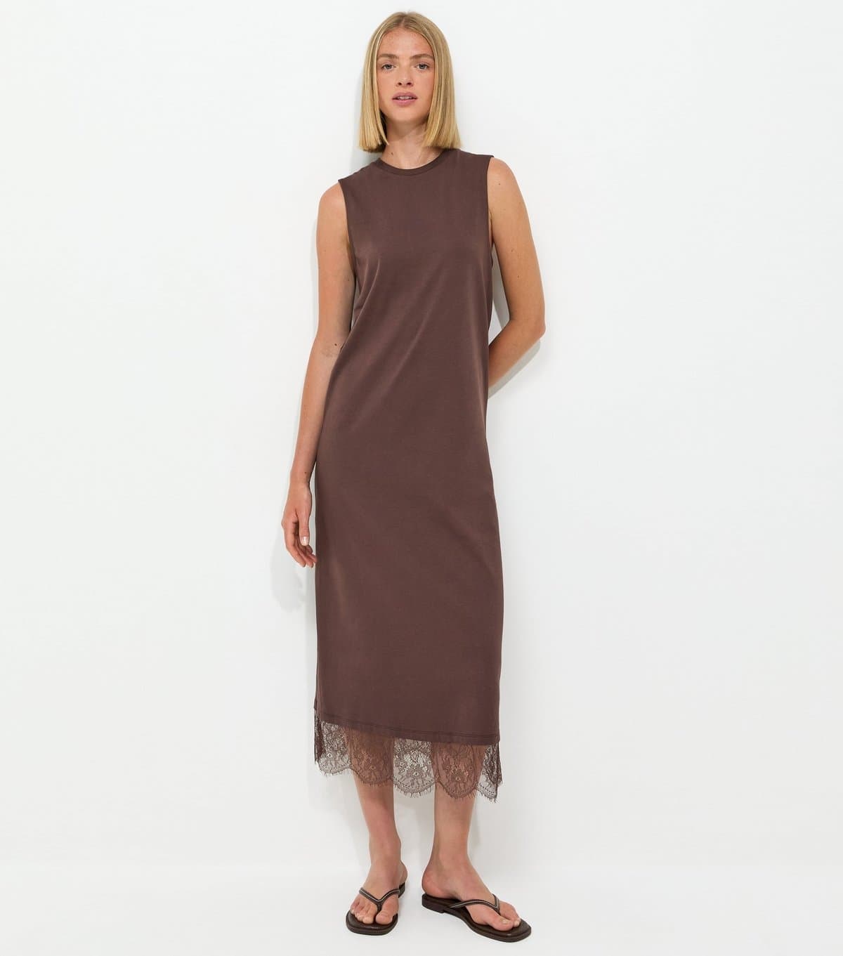 New Look Women's Dark Brown Cotton Sleeveless Lace Hem T-Shirt Midi Dress New Look