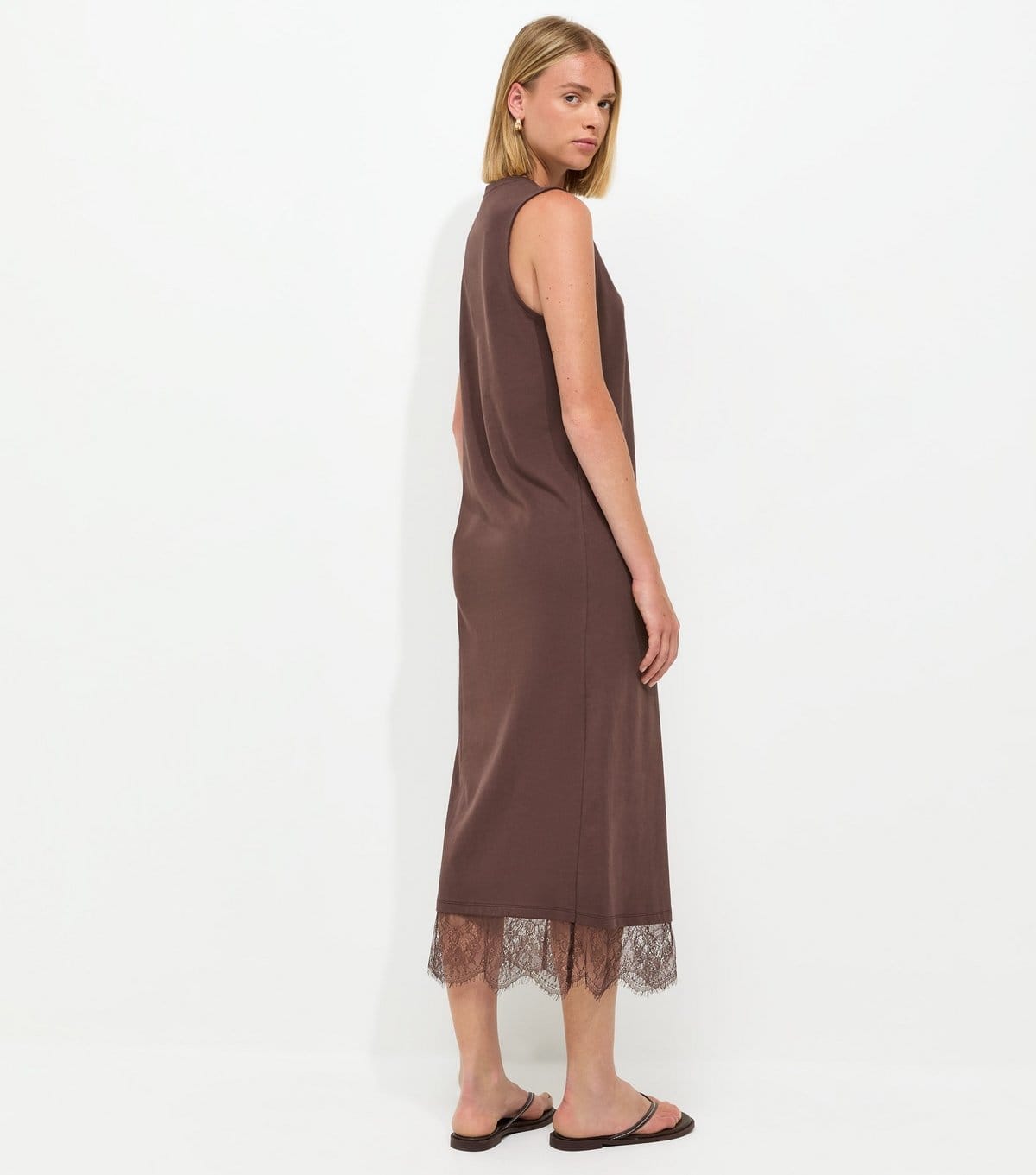 New Look Women's Dark Brown Cotton Sleeveless Lace Hem T-Shirt Midi Dress New Look - 4