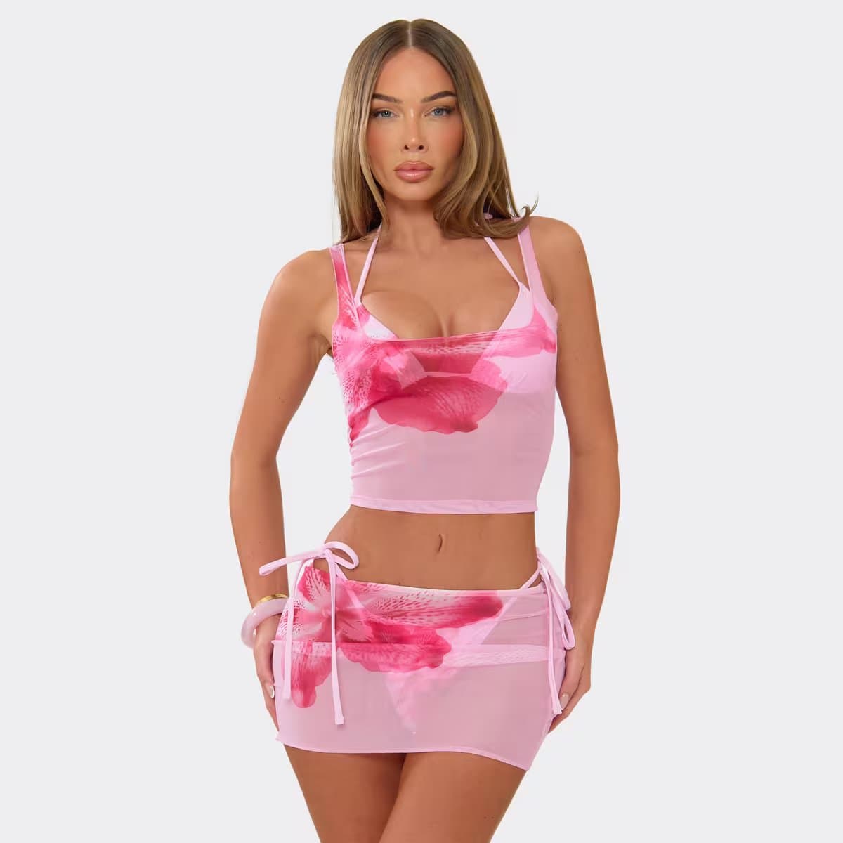 EGO Scoop Neck Top And Skirt Beach Set In Pink Floral Print, Women's Size UK 6