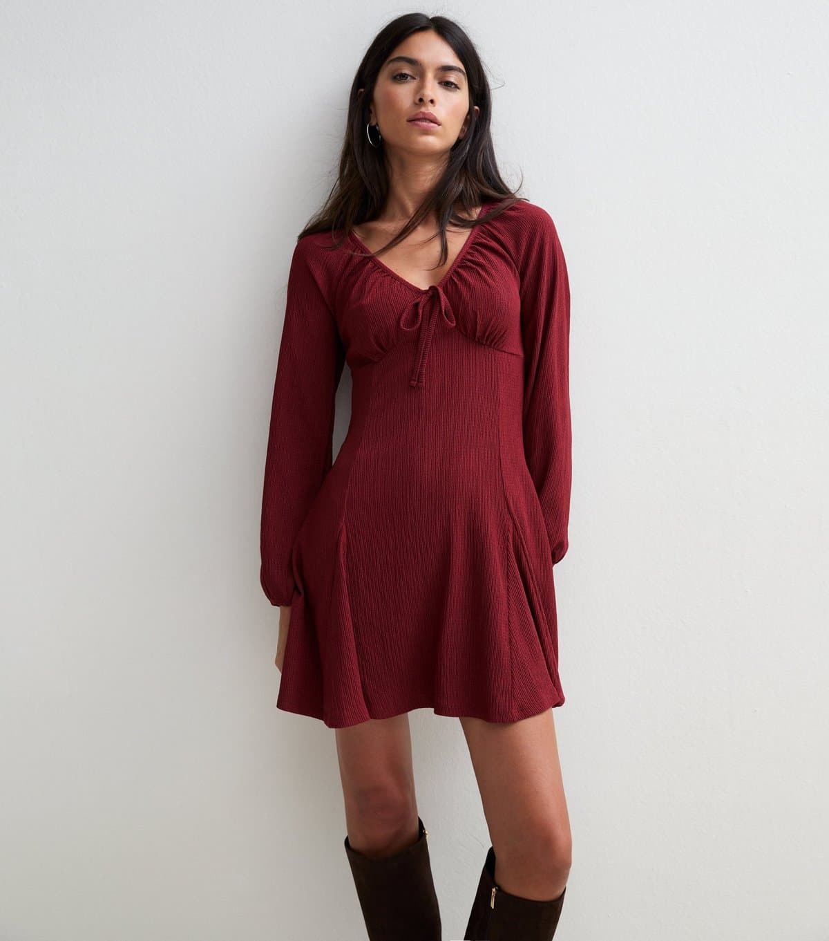New Look Women's Dark Burgundy Long Sleeve Textured Godet Mini Dress New Look